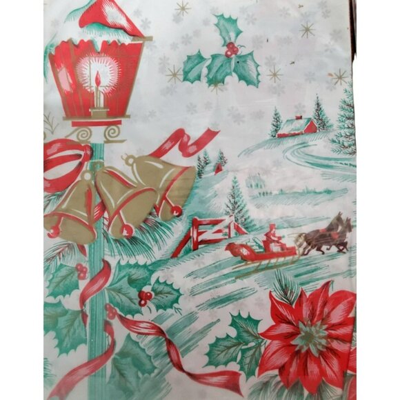 3 VTG Plastic Christmas TableCloths Cover Horse Sleigh Bells Poinsettia Holiday - Picture 4 of 9